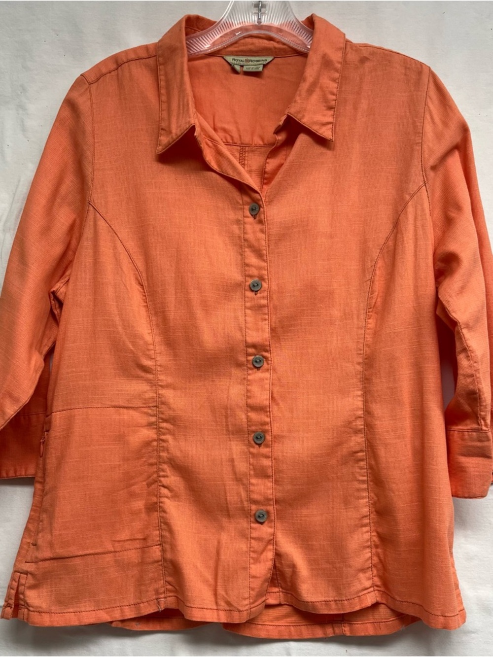 Royal Robbins Women's L Orange Coral 3/4 Sleeve Button Up Shirt Hidden Pocket